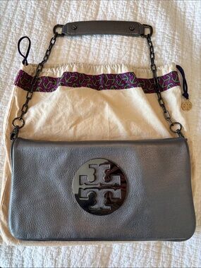 Tory Burch Metallic Gunmetal Leather Shoulder/Clutch Bag with Logo Medallion